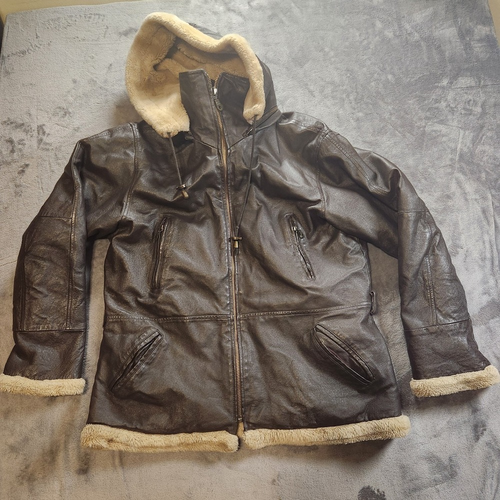 Tanners Avenue Mens Jacket Large Brown Leather‎ Bomber B-3 Hooded Shearling Vtg